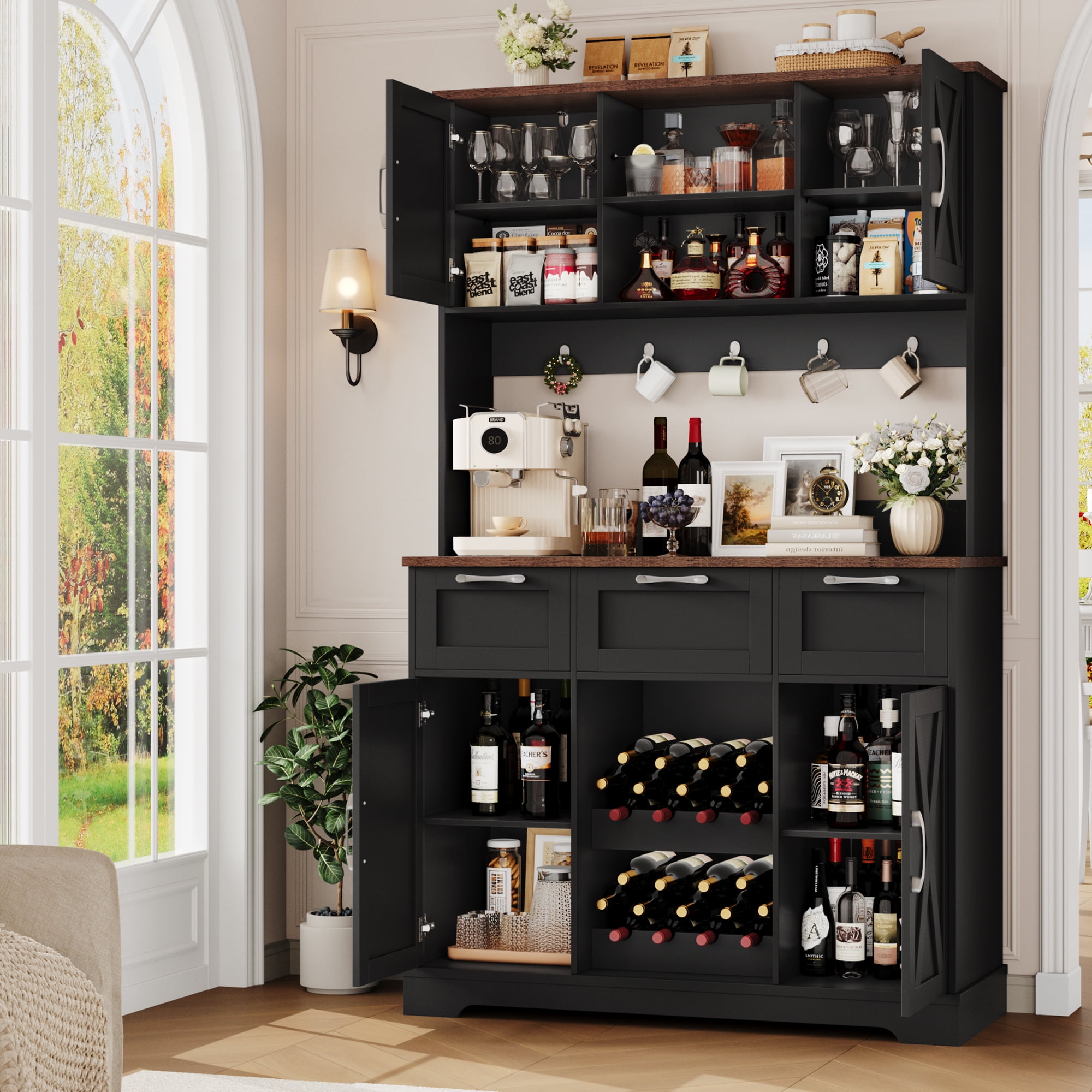 Homfa 71'' Tall Wine Bar Cabinet with Storage Hutch & 3 Drawers, Farmhouse Coffee Bar Cabinet Wine Rack with Adjustable Shelves for Kitchen Dining Room, Black