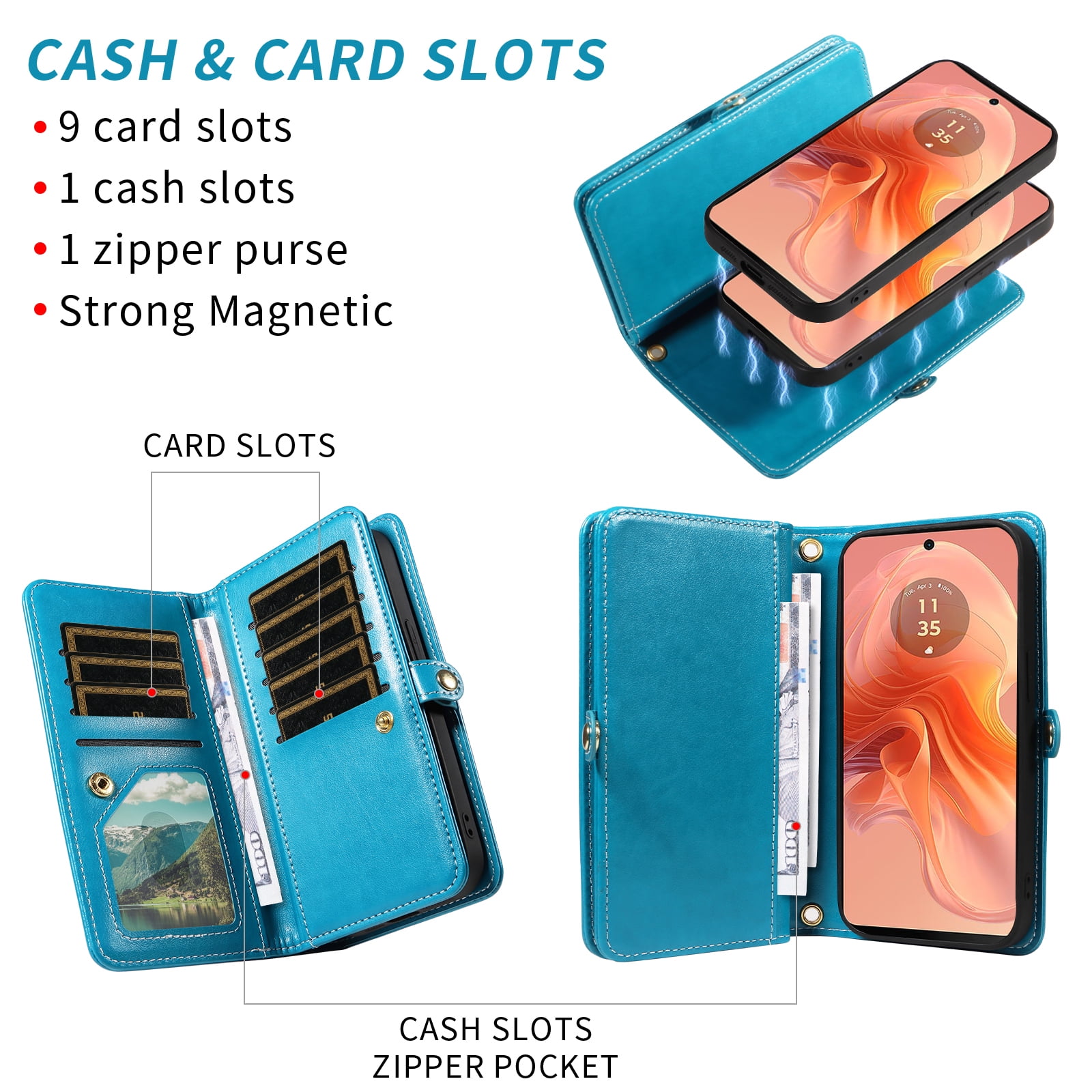 Asuwish Detachable Magnetic Zipper Wallet Phone Case with Flower Pattern and Screen Protector for Motorola Moto G04/G04S/G24/E14, Blue