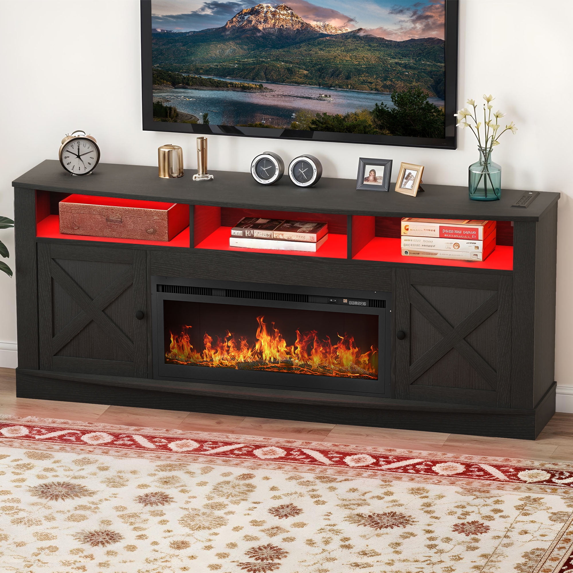 Uforic 70'' TV Stand for 80-Inch TV, Entertainment Center with Multi-Color LED Lighting, Charging Outlets, & Plenty of Storage for Living Room, Black