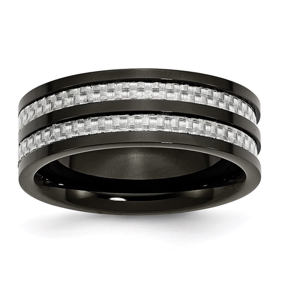 White Stainless Steel Ring Band Wedding Black Carbon Fiber