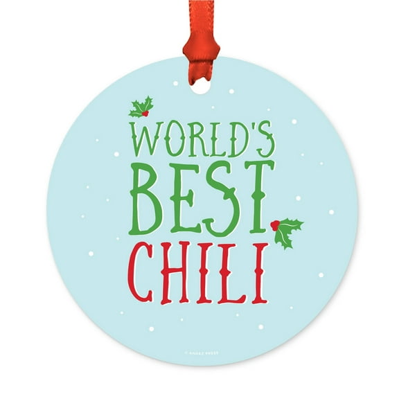 Funny Metal Christmas Ornament, World's Best Chili, Holiday Mistletoe, Includes Ribbon and Gift Bag