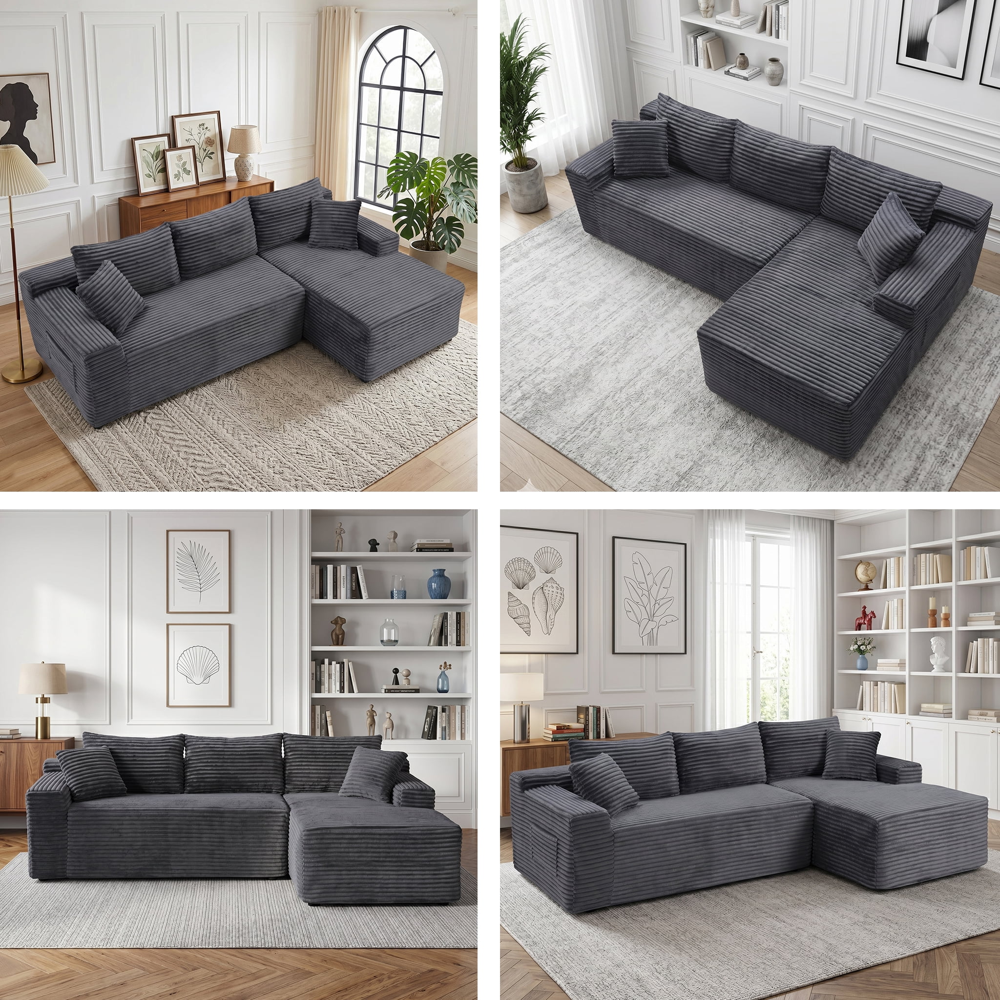 Xiweot 106" Modular Cloud Couch Sectional Sofa for Living Room, Modern Corduroy Boneless Couch with Side Pockets, Upholstered Deep Seat L Shape Sofas, No Assembly Required, Gray