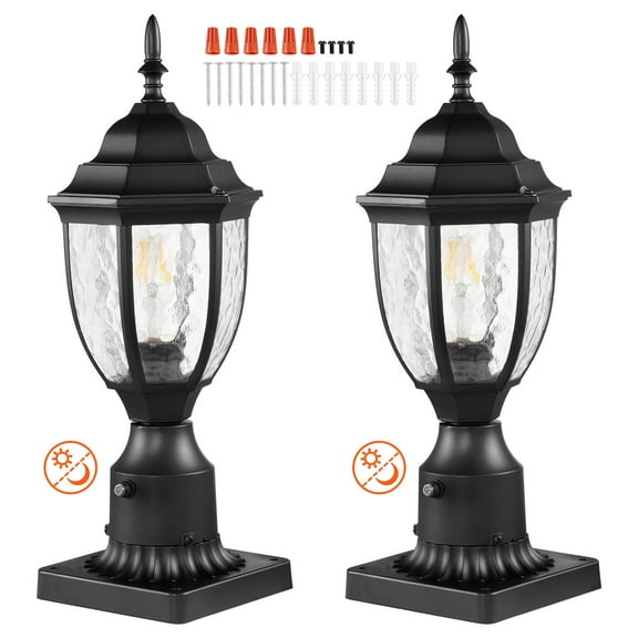 KFFKFF 2 Set Twilight to Sunrise Outdoor Post Light, 15.35 in, Weather-Resistant Lamp Post Lights with 3.5 in Base for Pier Mount, Glass Enclosure, Resilient Against Lightning