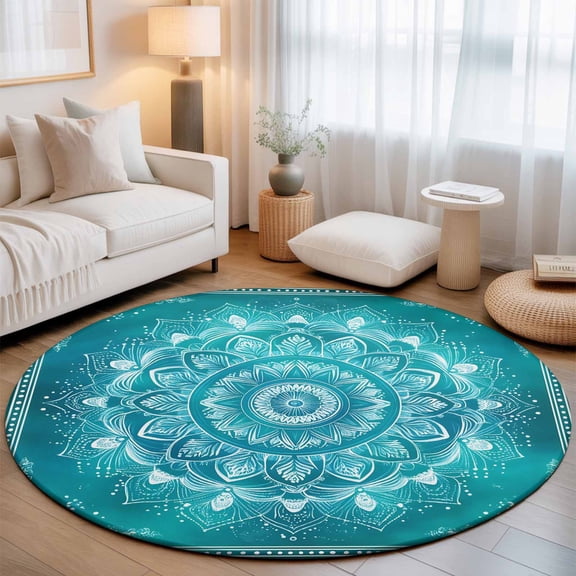 Large Round Rug 8Ft, Turquoise Boho Non-Slip Washable Circle Rugs Carpet, Abstract Art Floral Ethnic Tribal Indoor Outdoor Rug Floor Mats Throw Runner for Bedroom Living Room Bathroom