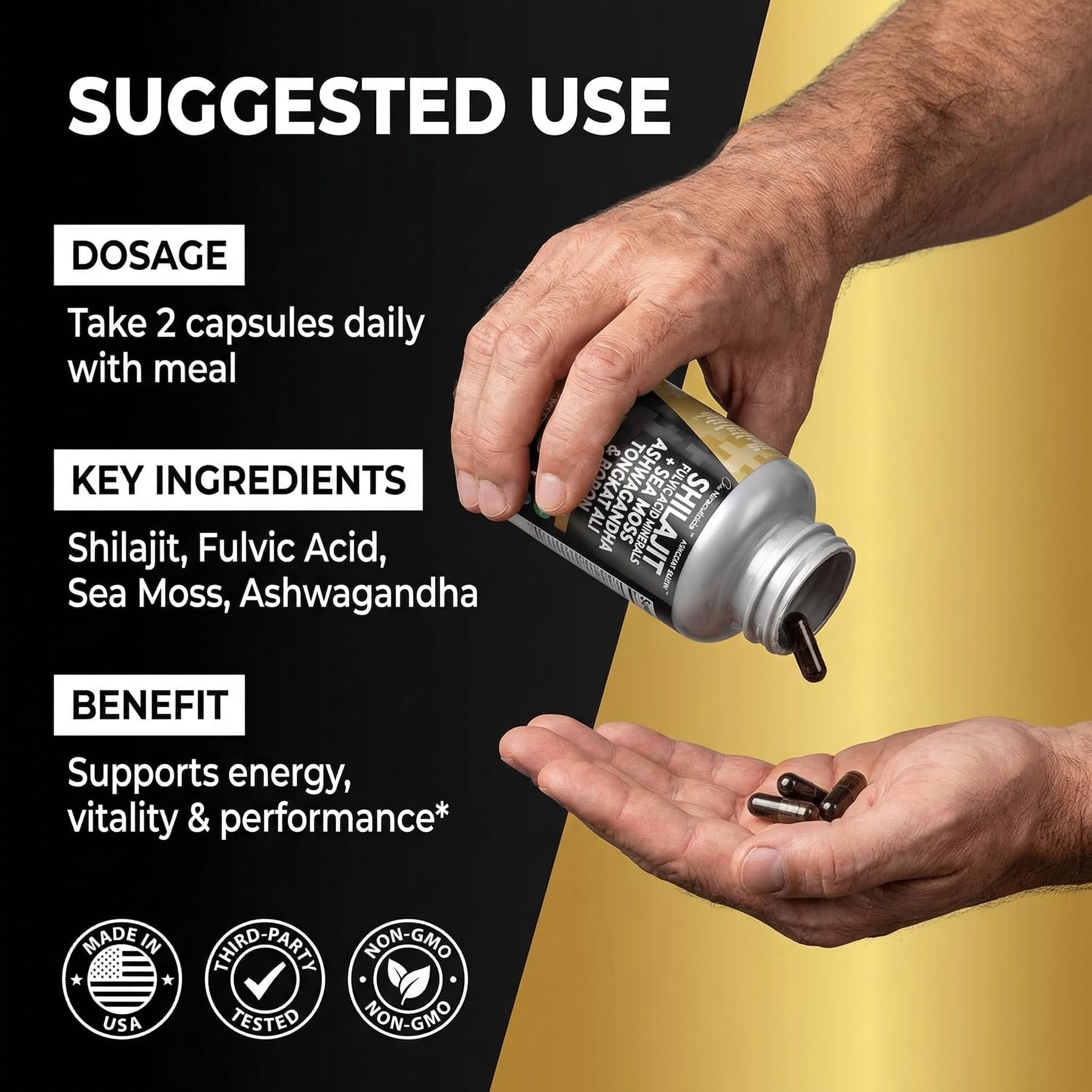 Clean Nutraceuticals Shilajit Supplement for Men with Sea Moss, Tongkat Ali, Ashwagandha, Boron, Zinc, CoQ10, PQQ - Fulvic Acid Capsules - Energy Support - 90 Count - Resin, Gummy & Powder Alternativ
