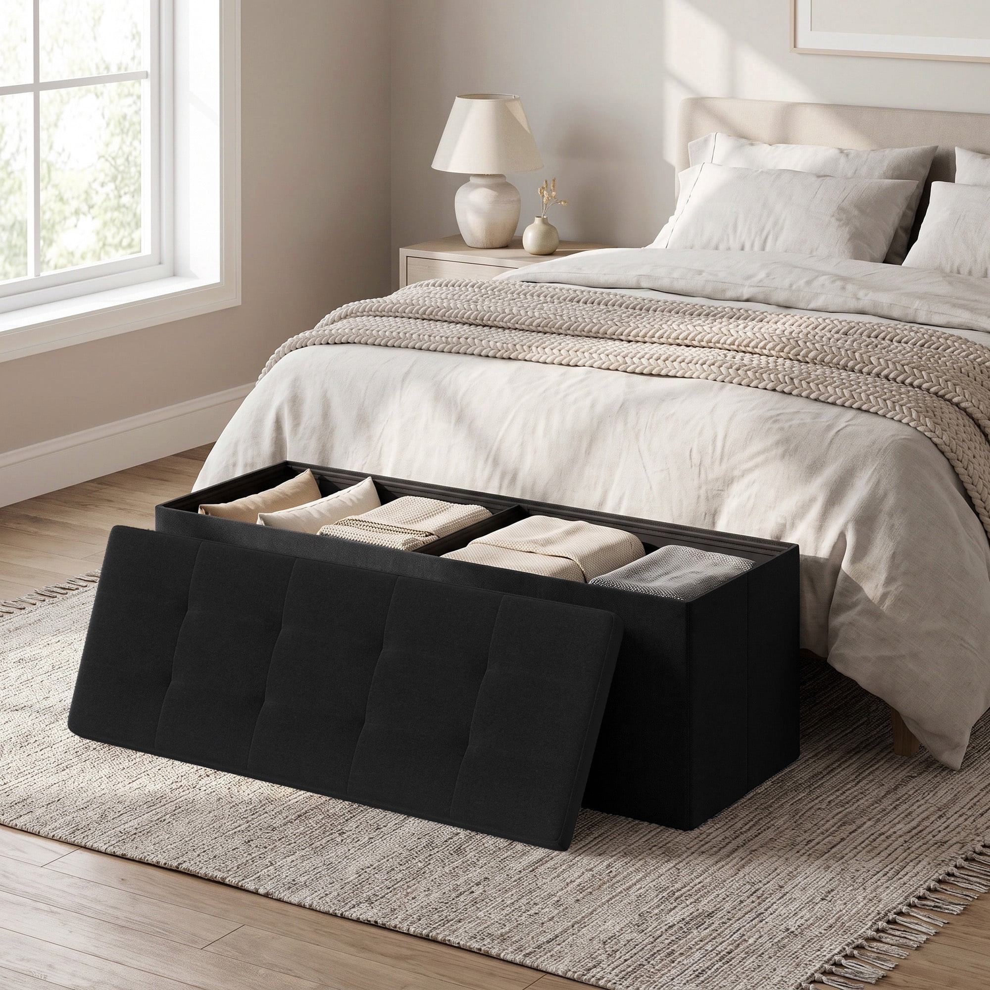 Ledrem Large Foldable Storage Ottoman Bench with Storage, Footrest, Ink Black