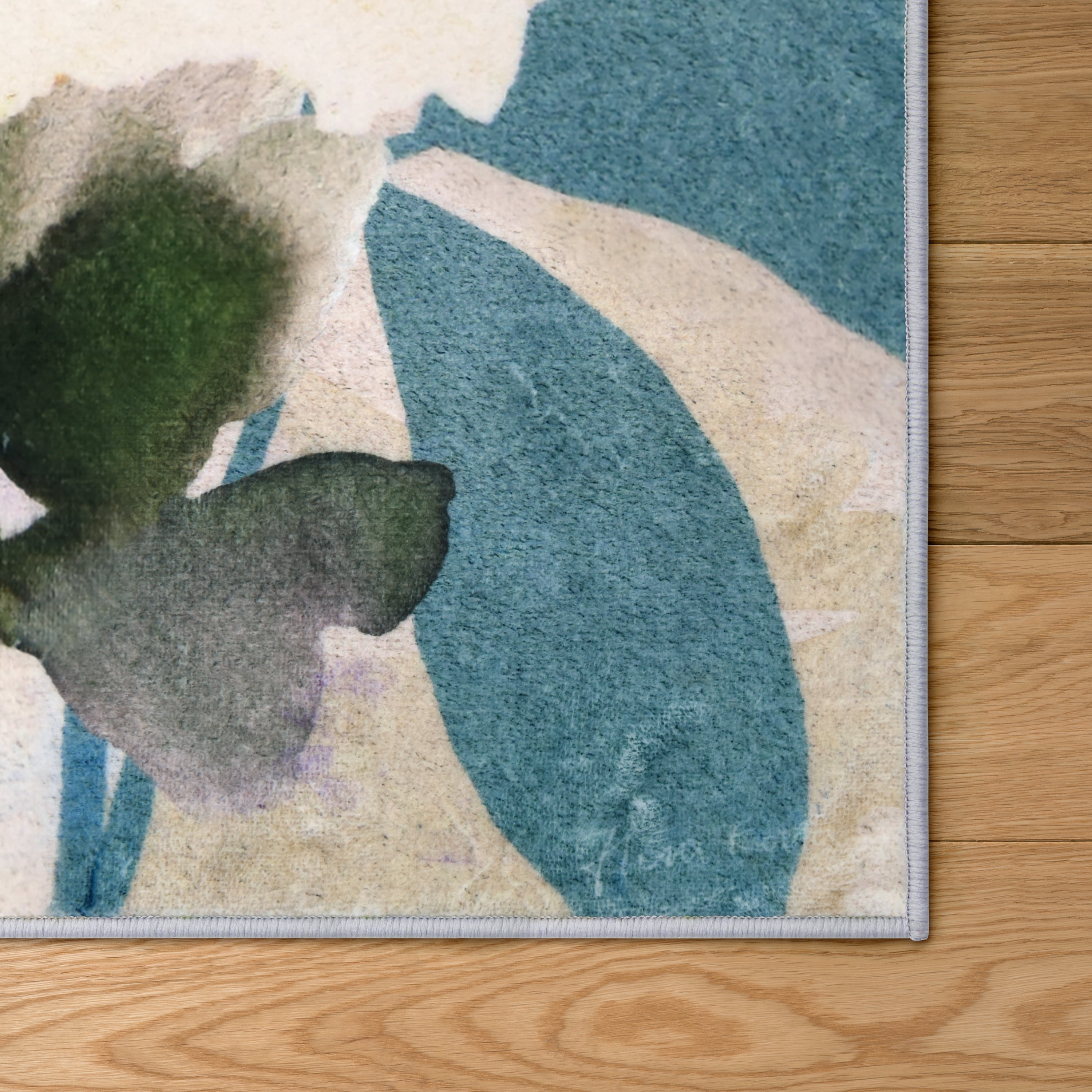 Peach Teal Floral, 8'x10' Hand Washable Flowers Art Area Rug