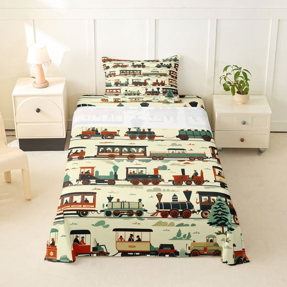 Castle Fairy Vintage Train Set Twin Sheet Sets 3pcs for Boys, Retro Carriage Art Bedding for Bedroom, Red Teal
