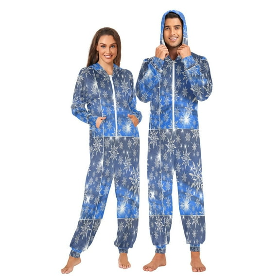 Adult Christmas Onesie Christmas Blue Snowflakes Zipper One-Piece Pajamas Unisex with Pockets