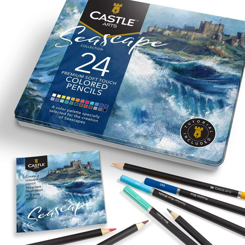 Castle Art Supplies Themed 24 Colored Pencil Set in Tin Box, perfect ‘Seascapes’ collection