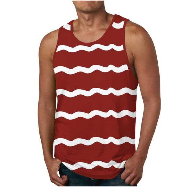 Tanques para Hombre para el Verano Solto Chaleco Raya Impresión Deporte Cuello Redondo Superior