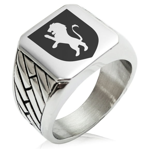 Stainless Steel Lion Courage Coat of Arms Shield Geometric Pattern Biker Style Polished Ring