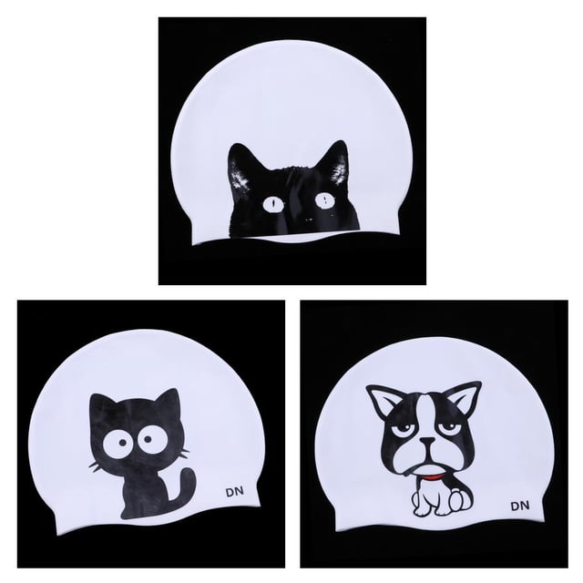 3 Uds Gorro de Natación Elástico de Silicona con Patrón de Dibujos Animados para Mascotas, Gorro de Baño Deportivo para Niños, Gato Collins / Cathead Baoblaze Gorro de natación de silicona