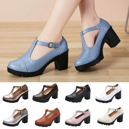 

Fesfesfes Womens Comfortable Shoes Soled Synthetic Sports British Style Block Shoes High Heels Solid Color Hollowed Out Metal Buckle Cut Mary Matte Womens Shoes 7(39)