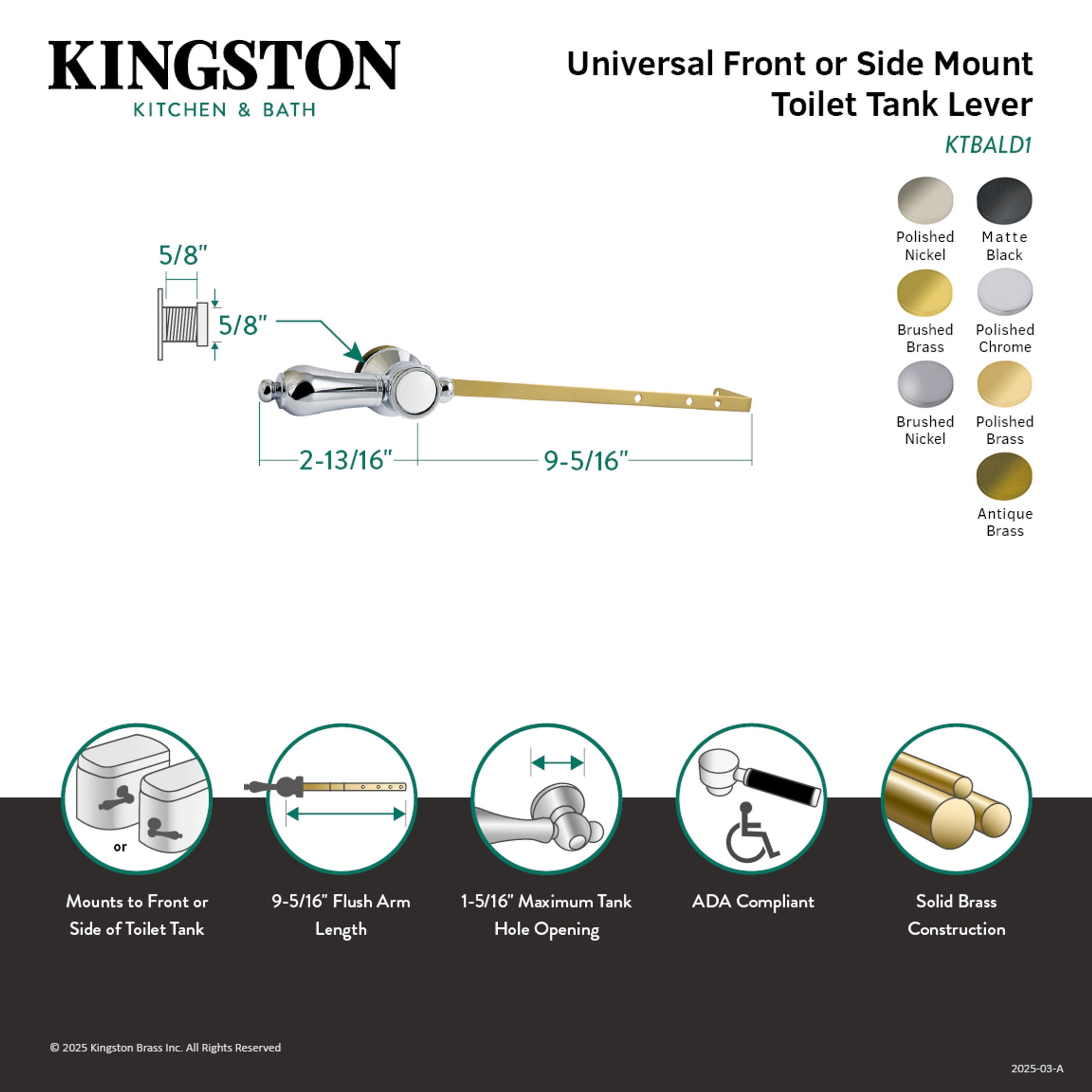Kingston Brass KTBALD8 Heirloom Universal Front or Side Mount Toilet Tank Lever in Brushed Nickel