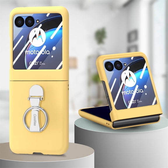 ELEHOLD Case for Motorola Razr 60 Ultra, 360° Ring Stand Shockproof Rigid Plastic Phone Case with Screen Protector,Yellow