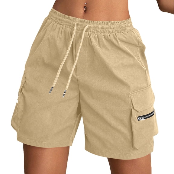 Yievot Cargo Shorts for Women Drawstring Elastic Waist Summer Outdoor Hiking Shorts with Zipper Pockets