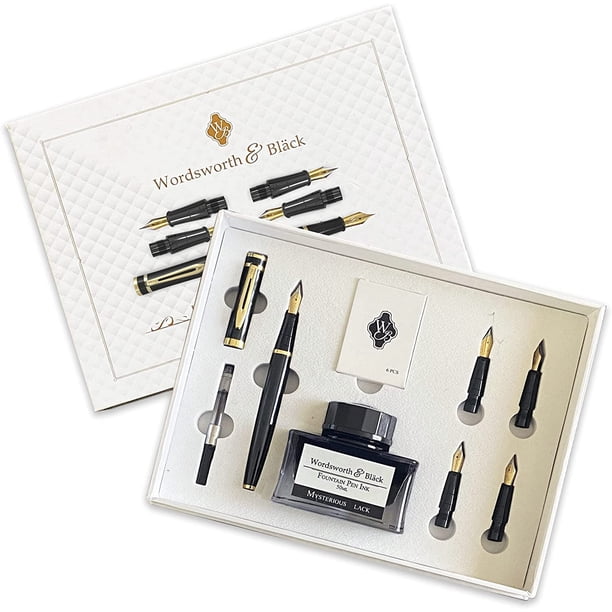 Wordsworth & Black Fountain Pen Set, Medium Penpunt, Inclusief 24 Pack Inktpatronen, Inktvulconverter & Cadeauzak, Chroomafwerking, Calligraphy, [Karmijnrood Chrome], Perfect voor Mannen & Vrouwen