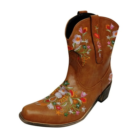 

Lyinloo Women Fashion Embroidered Cowboy Riding Boots Casual Warm Middle Heels Middle Tube Short Boots Shoes Yellow 35