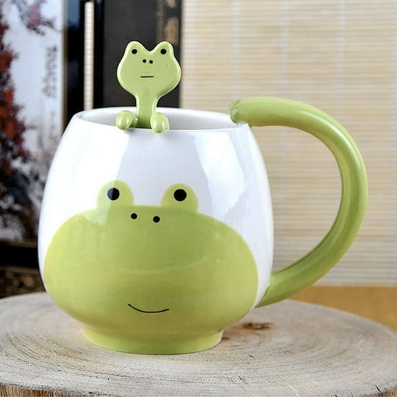 Farcauo Cute Frog Coffe Mug with Spoon Frogs Print Stuff Gift 420ml Ceramic Tea Coffee Cup Kawaii Frog Mugs Funny 3D Animal Cups Birthday Gifts for Boys Girls Teens Frogs Lovers