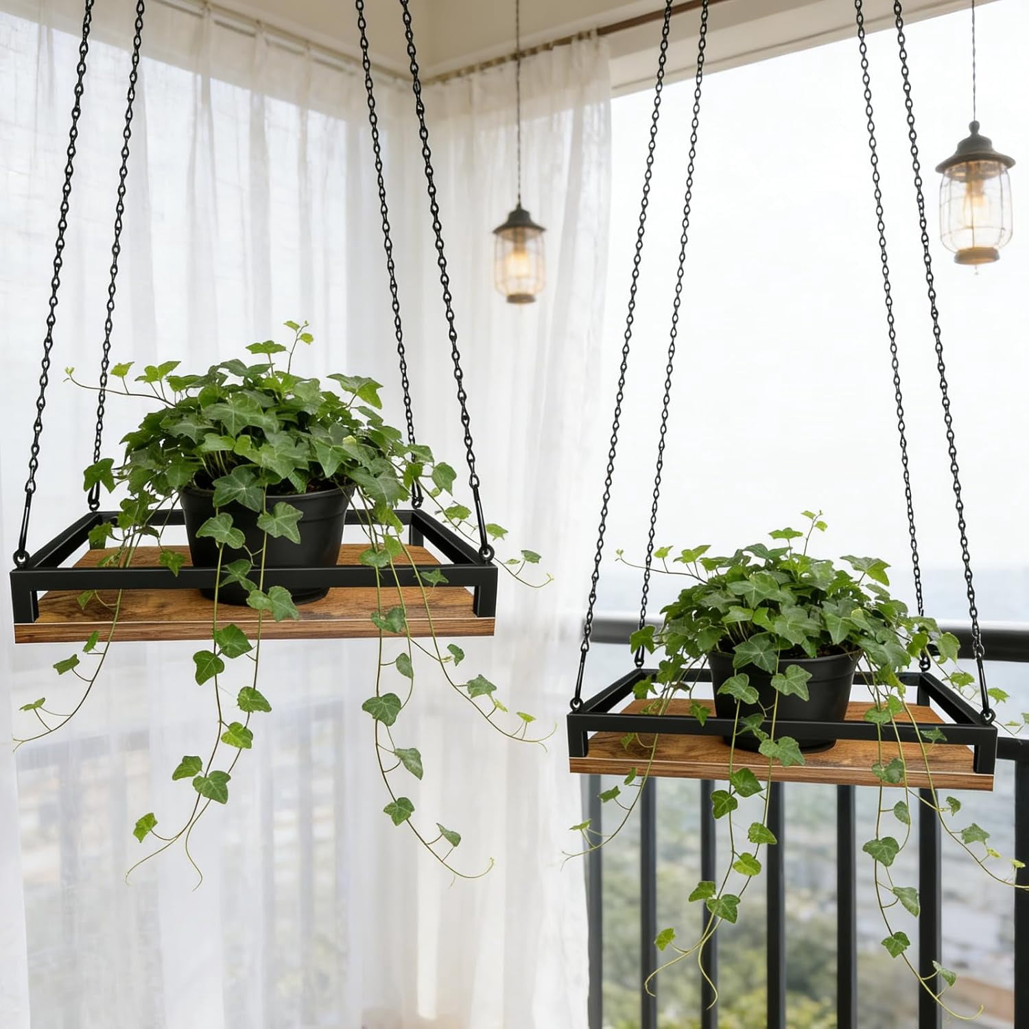 Plant Hanger Indoor, 11.8" Wooden Hanging Plant Holder with Metal Frame Hanging Planter for Indoor Plants Load 50LB Hanging Plant Shelf with 27.6" Long Chain, Ideal for Heavier Pots Ceiling（2 pack）