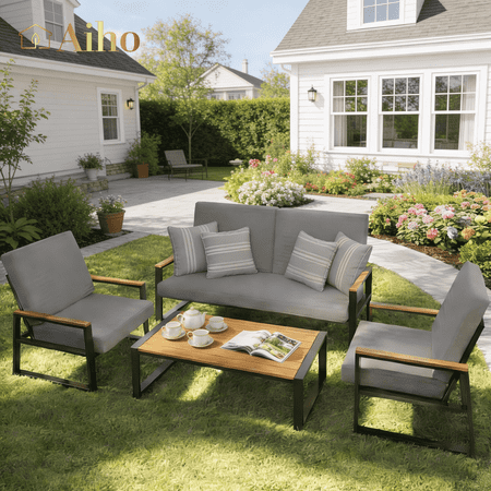 Aiho 4 Pieces Patio Furniture Set, All-Weather Outdoor Conversation Set with Coffee Table & Removable Cushions, Perfect for Patio, Garden,...
