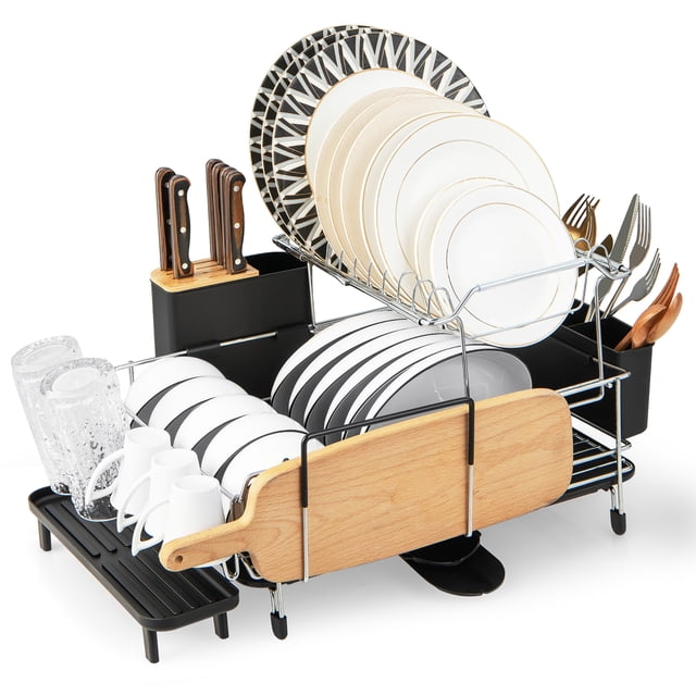 Costway 2 Tier Dish Drying Rack Rustproof Dish Rack and Drainboard Set Kitchen Counter