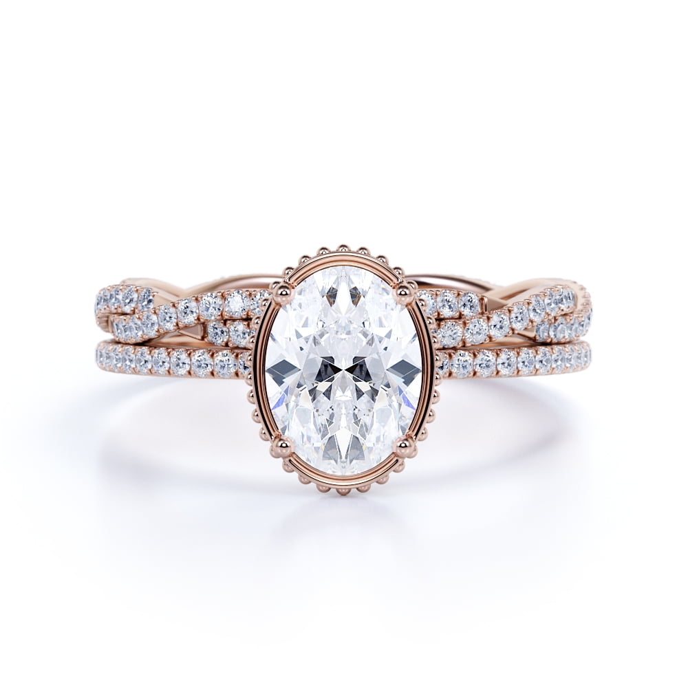 JeenMata Flawless 2 Oval Cut Moissanite Wedding Ring Set in 18k Rose Gold Over Silver for