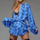 thumbnail image 4 of Pijama Holgado con Estampado para Mujer, Informal, con Cordones, de Larga y Pantalones Cortos de Cintura Alta, para el Hogar. Azul M, 4 of 8