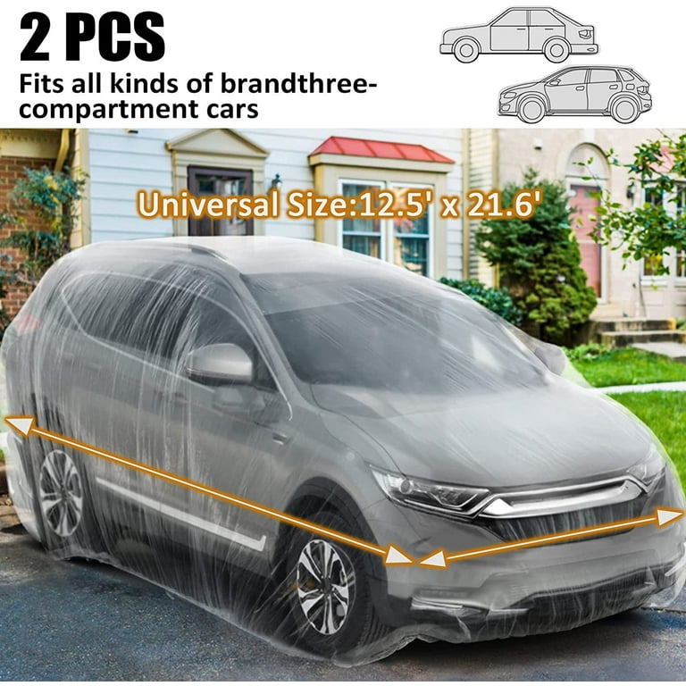 2 Set of Thicken PE Plastic Car Cover- 12.5' x 21.6' Disposable Car Cover  with Elastic Band Clear Waterproof Dustproof Car Protective Cover for All 