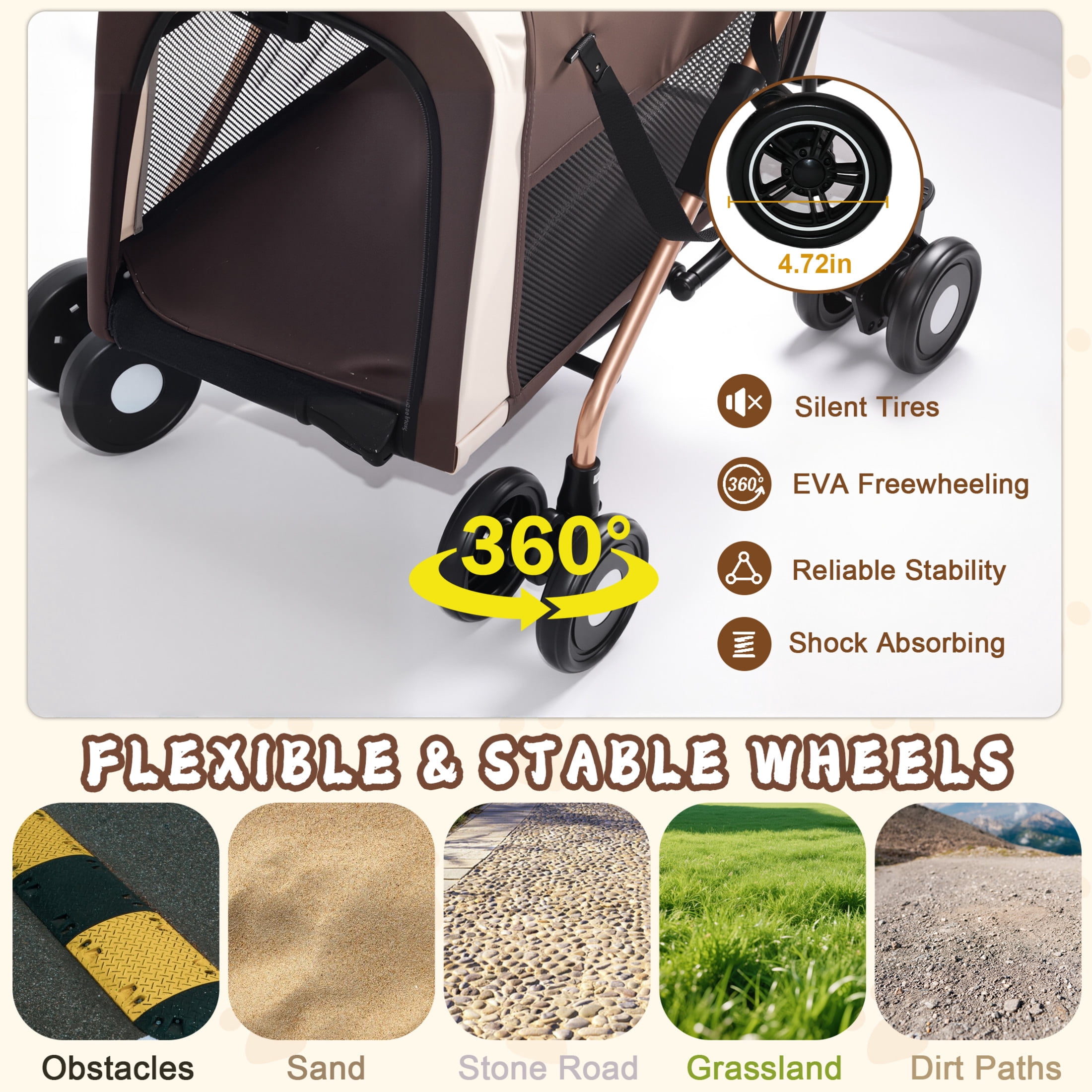 Noble House 3-in-1 Double Pet Stroller for Dogs & Cats with Detachable Carriers, Foldable Frame, Khaki