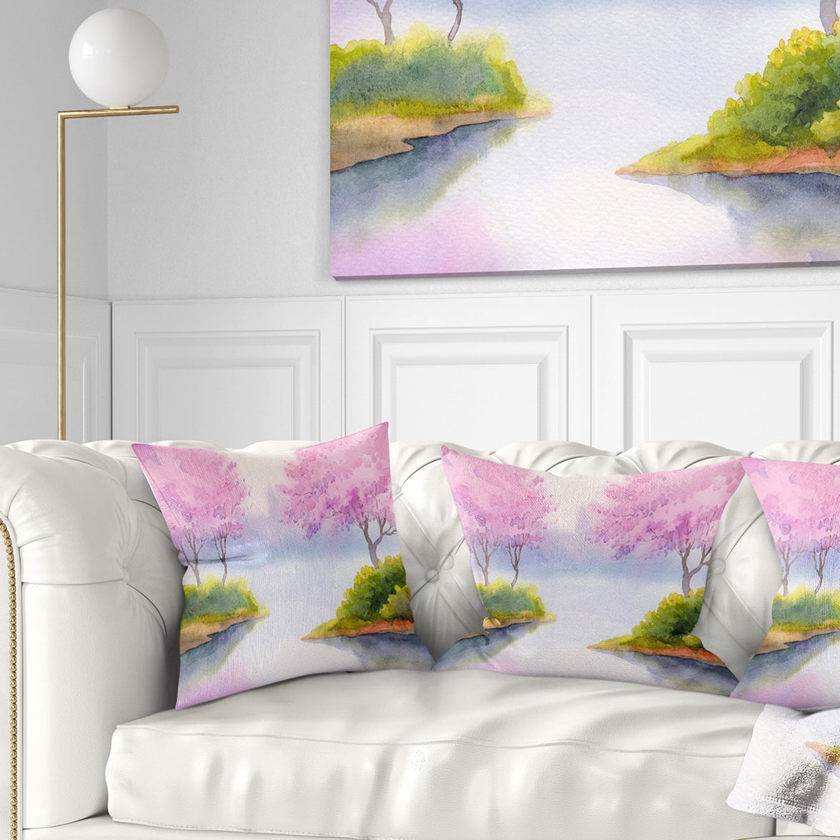 DesignArt CU6006-20-20-C Flowering Trees Over River Landscape Printed Throw Pillow 20