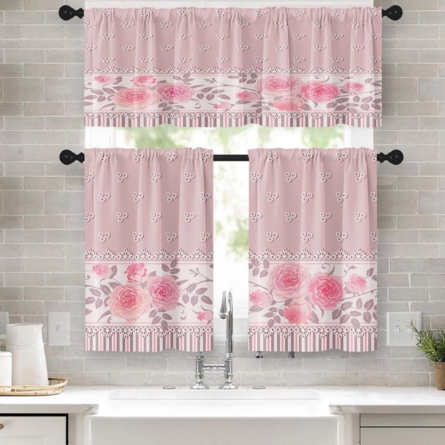 Pink Rose Kitchen Curtains Floral Window Curtains Valance and Tier Set 36 Inch, Romantic Flowers Delicate Rod Pocket Short Tier Curtain, Chic Classic Small Cafe Curtains for Kitchen Decor