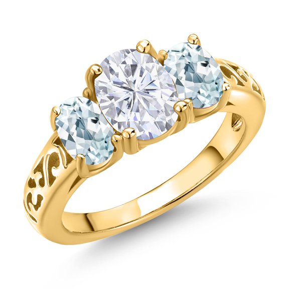 Gem Stone King 18K Yellow Gold Plated Silver White Moissanite and Sky Blue Aquamarine Filigree Style 3 Stone Ring for Women (2.50 Cttw, Oval 8X6MM and 6X4MM) (Size 6)
