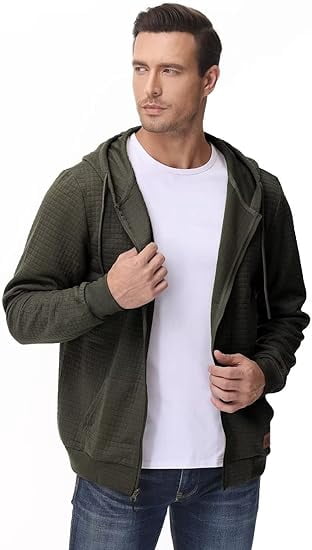 QPNGRP Men's Full-Zip Hoodie Lightweight Hoodie Sweatshirt Jacket Solid Hooded with Kanga Pocket Armygreen M