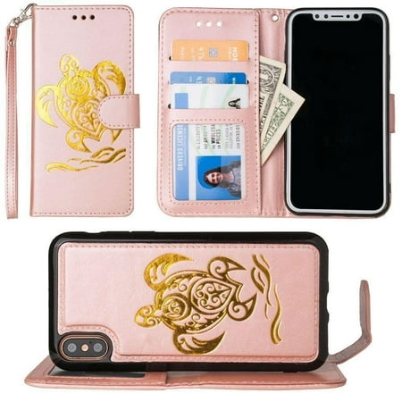 iPhone X Wallet Case, Slim PU Leather Embossed Design with Matching Detachable Flip Cover with Credit Card Holder Wristlet for Women [Sea Turtle - Rose