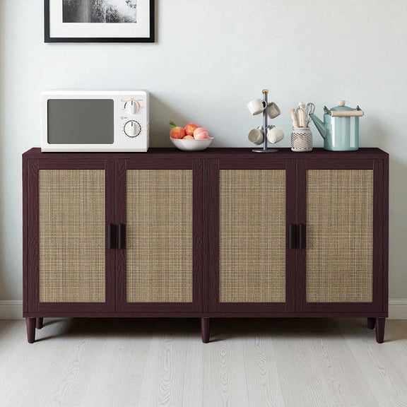 GZXS 70" Wide Farmhouse Sideboard with 4 Rattan Doors, Adjustable Shelves, and Solid Wood Legs, Modern Buffet Storage Cabinet for Kitchen, Living Room, Dining Room, Entryway (Brown)