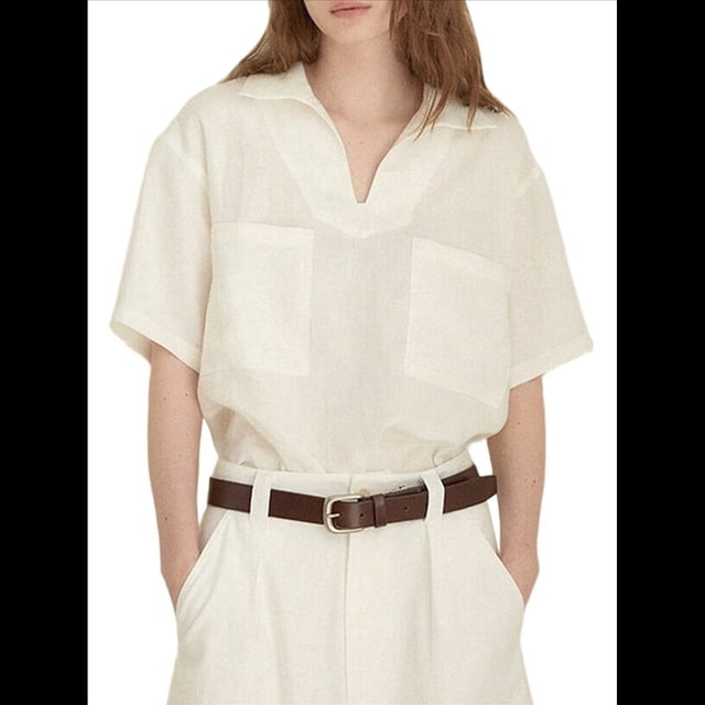 Camisas de Cuello en V para Mujer, Blusas Casuales de Corta con Solapa y Bolsillos Dobles. Crema S