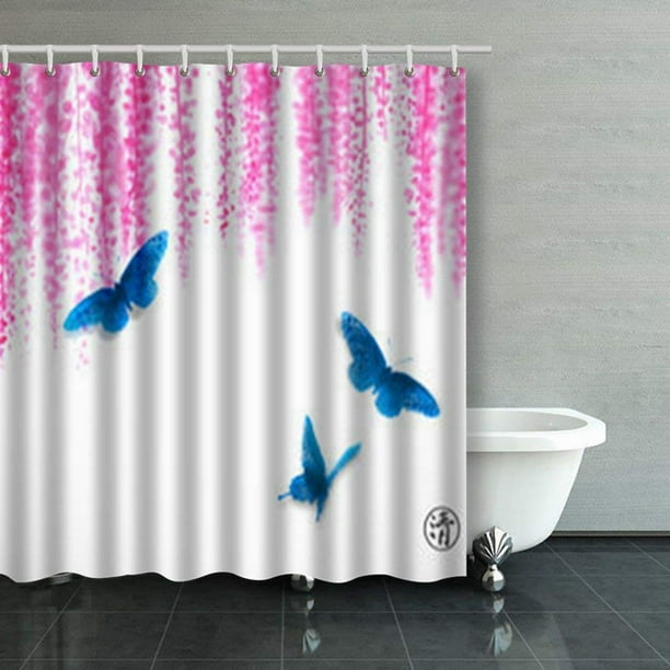 BPBOP Three Big Blue Butterflies Pink Wisteria Painting Shower Curtains