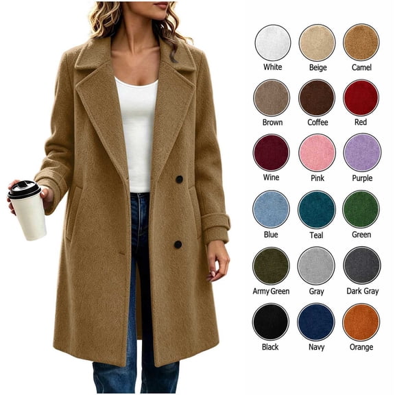 XRoczxe Women's Double Breasted Long Coat, Notched Lapel Wool Blend Overcoat, Elegant Solid Color Winter Jacket with Pockets for Work Daily Wear