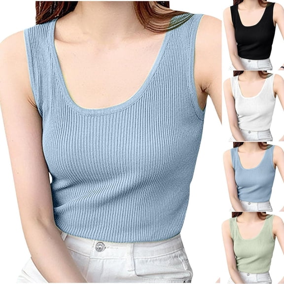 Asxite Tank Tops for Women Plus Size Sleeveless Solid Color Ribbed Spaghetti Strap Casual Blouse