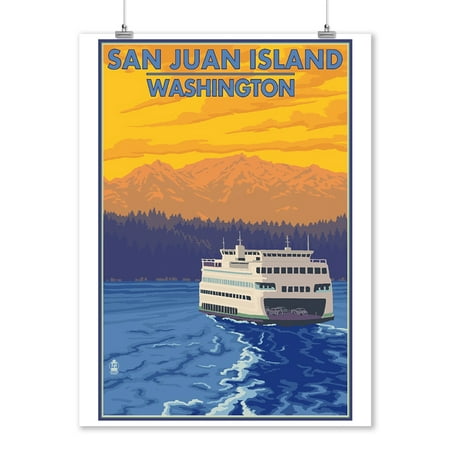 San Juan Island, Washington - Ferry & Mountains - Lantern Press Artwork (9x12 Art Print, Wall Decor Travel