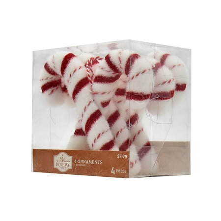 Holiday Time 4pc Red and White Flocking Finishing Candy Cane Hanging Decorative Accents Ornament Set