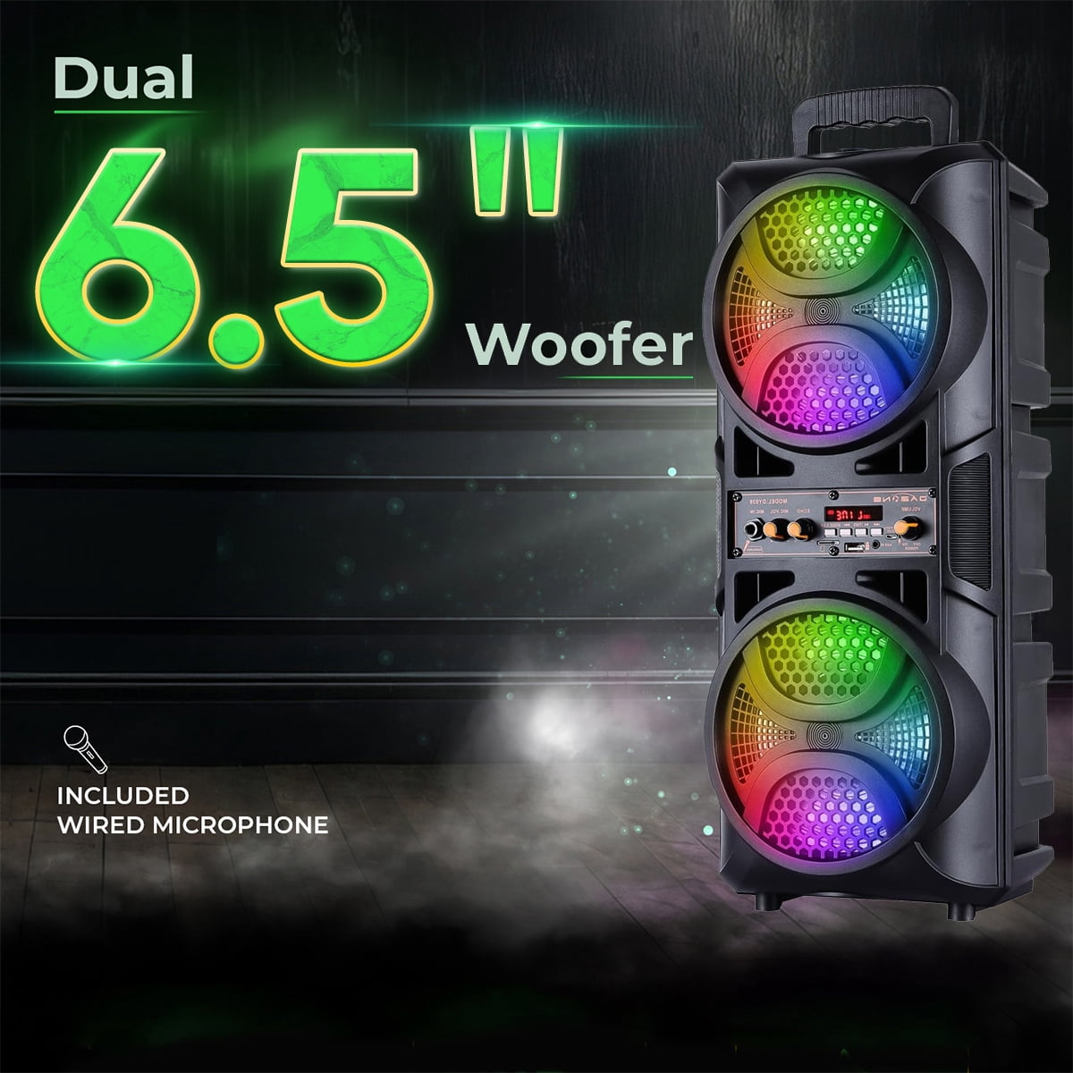RIDWIND Set of 2 3000W Peak Power Wireless TWS Portable Loud Party Bluetooth Speaker with Dual 6.5" Woofer LED Colorful Lights Microphone Remote Control Support FM/TF/USB/AUX