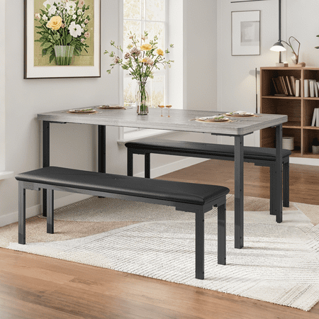 Accreate 43.3” Kitchen Table Set with 2 Benches Metal Frame Space-Saving Dining Set