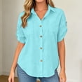 thumbnail image 2 of FINALGANG Womens Lapel Collar Roll Tab Short Sleeve Solid Color Dual Bust Pocket Curved Hem Loose Button Down Shirt Relaxed Fit For Ladies Office Daily Outdoor Outing Blue M, 2 of 7