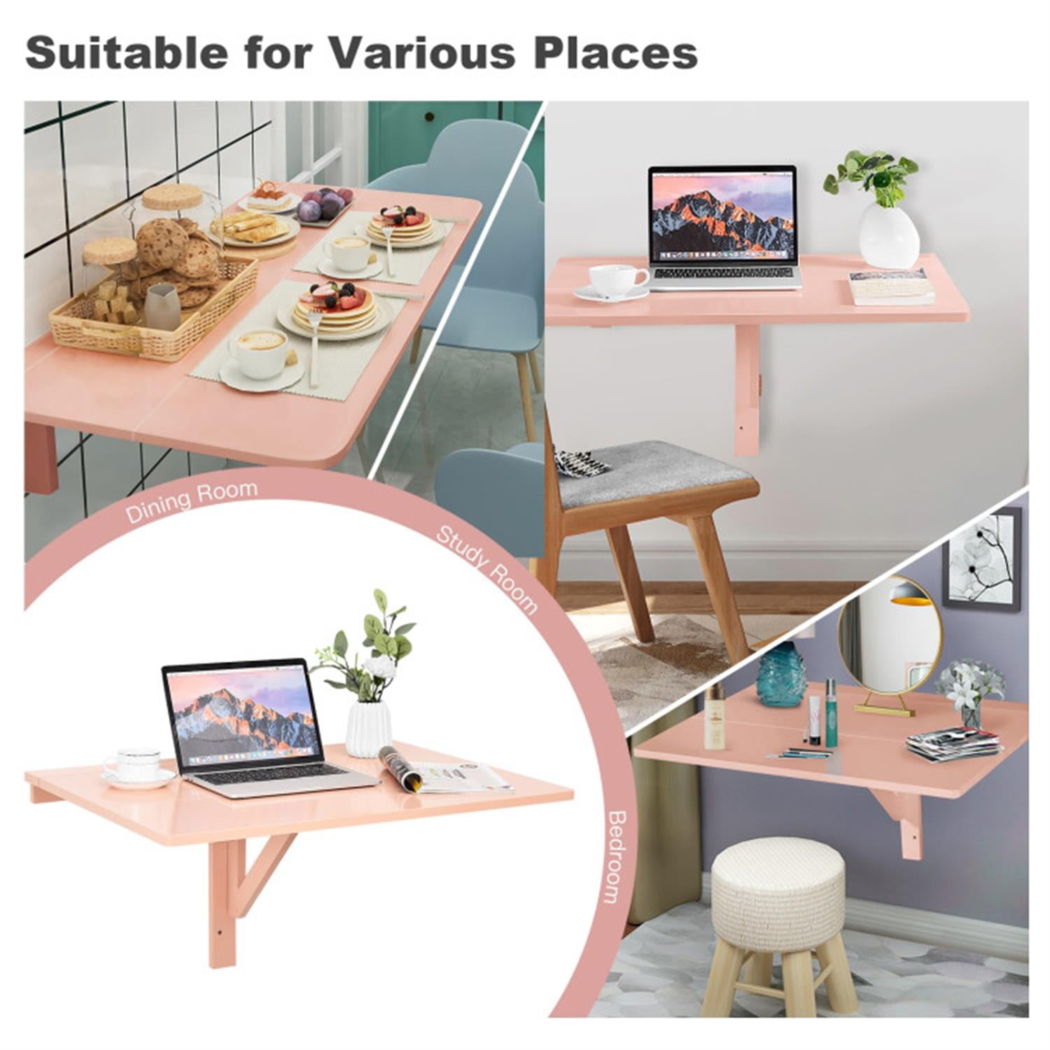 Demi Bonn 31.5" Wall Mounted Folding Table for Small Spaces, Laptop Workstation Desk for Laptops, Books, Tablets, and Art, Pink