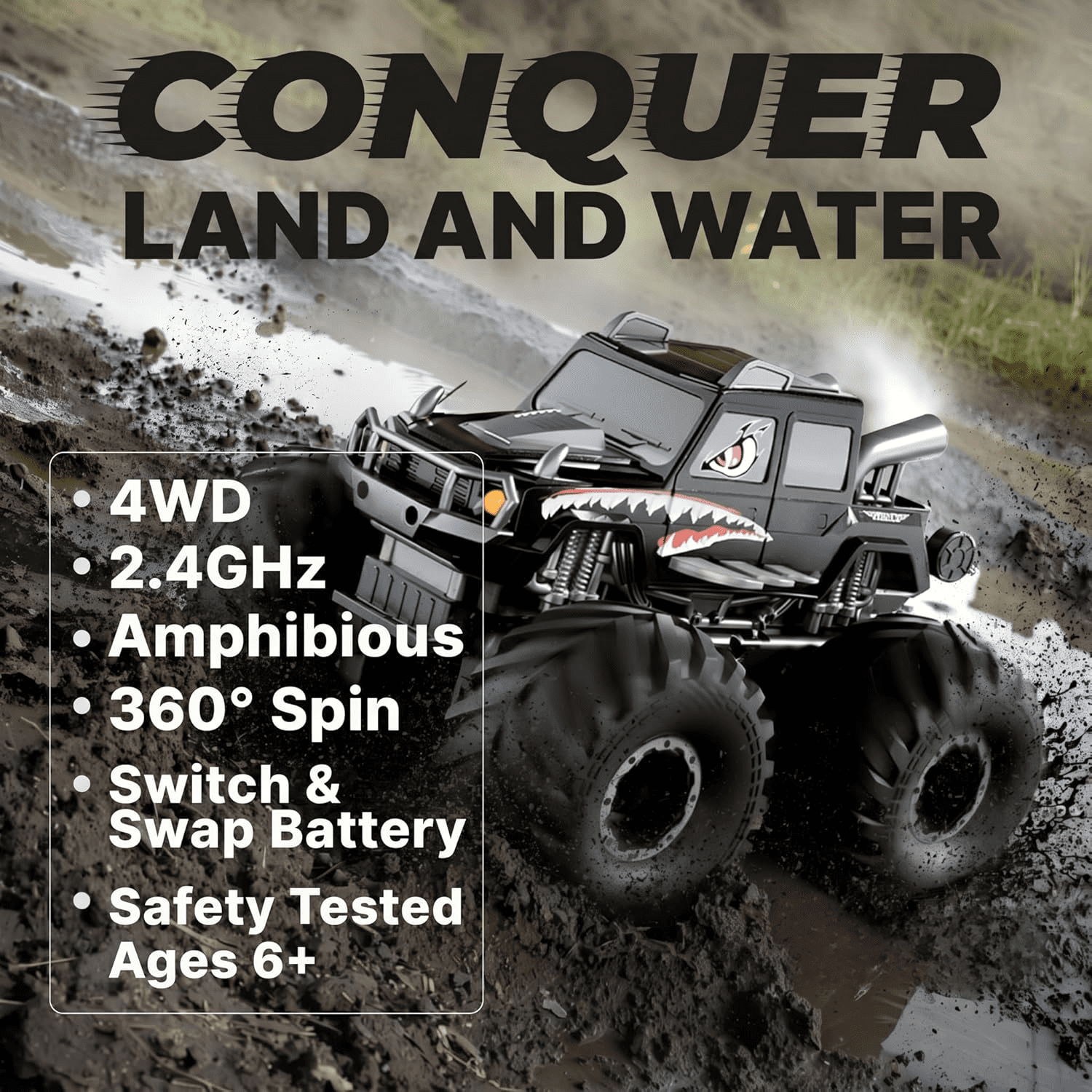 Monster Truck Toys, Waterproof 360°Rotate 4x4 RC Truck, Amphibious Remote Control Monster Trucks, 2.4GHz All Terrain Off-Road Pickup Toy RC Car