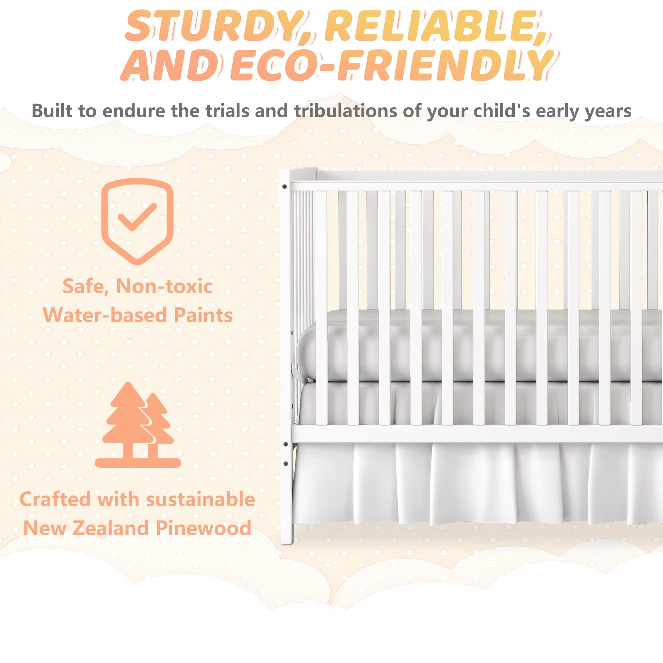 SESSLIFE 5-In-1 Convertible Crib, White Baby Bed, Converts from Baby Crib to Toddler Bed, Fits Standard Full-Size Crib Mattress(Not Included)