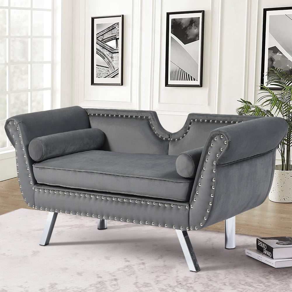 Gray Accent Loveseat, Velvet Loveseat with 2 Pillows, MidCentury Small